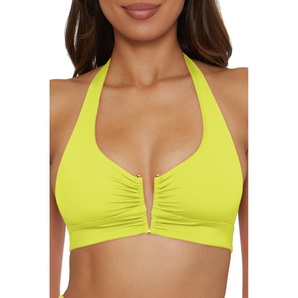 NWT BECCA Color Code V-Wire Shirred Halter Bikini Top Citron Yellow Medium